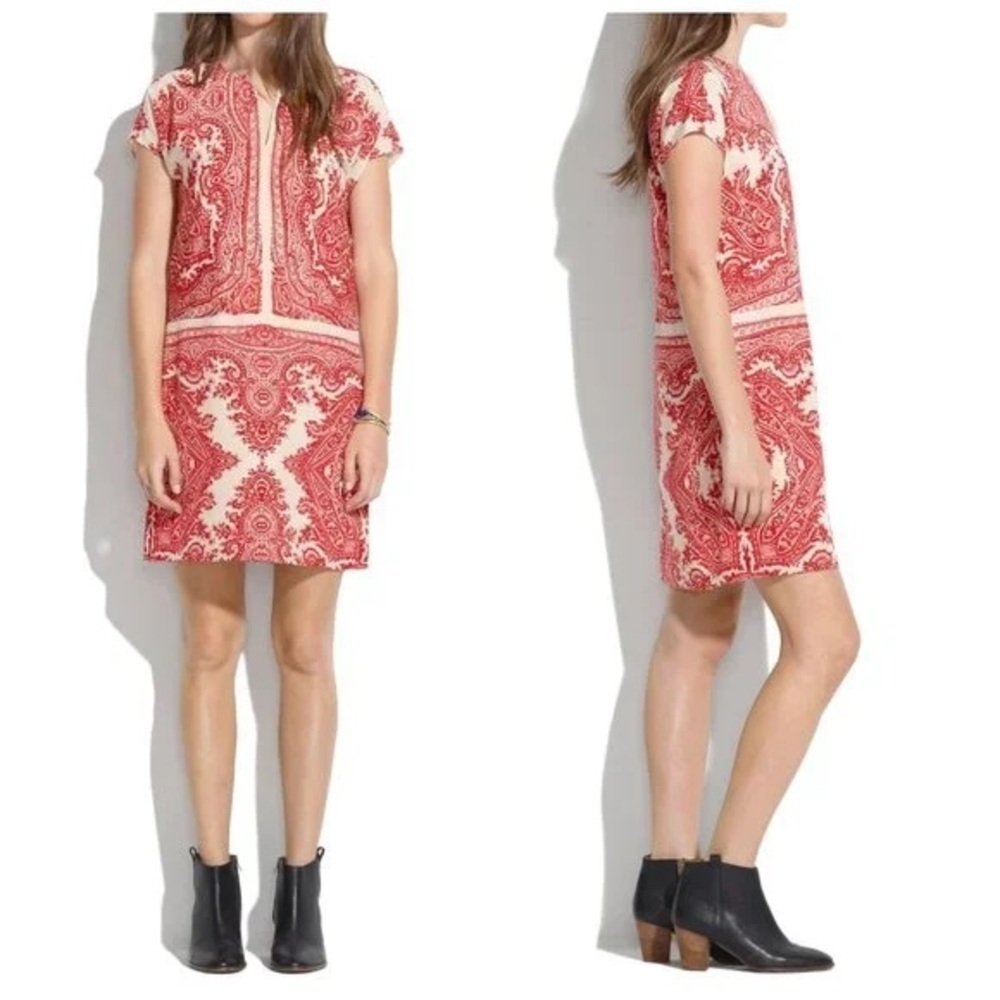 Madewell Silk Red Cream Paisley Print Shift Dress Small